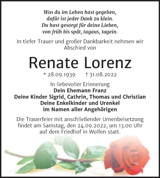 Traueranzeige von Renate Lorenz von Trauerkombi Bitterfeld