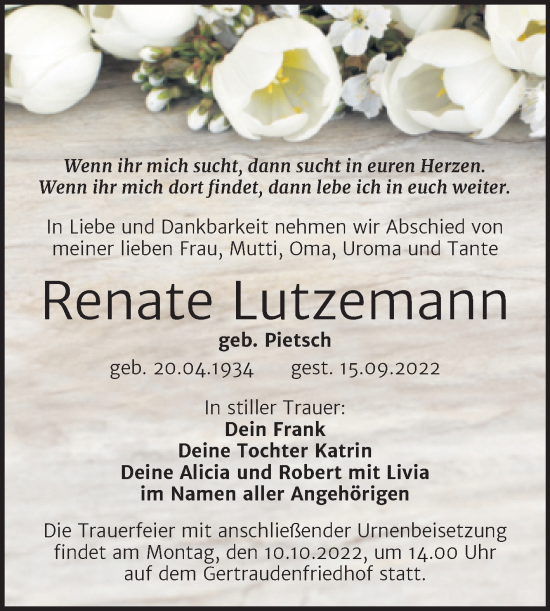 Traueranzeige von Renate Lutzemann von Mitteldeutsche Zeitung Halle/Saalkreis
