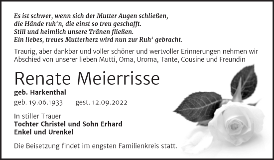 Traueranzeige von Renate Meierrisse von Trauerkombi Bernburg