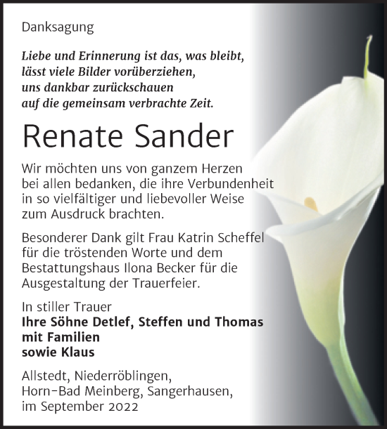Traueranzeige von Renate Sander von Trauerkombi Sangerhausen