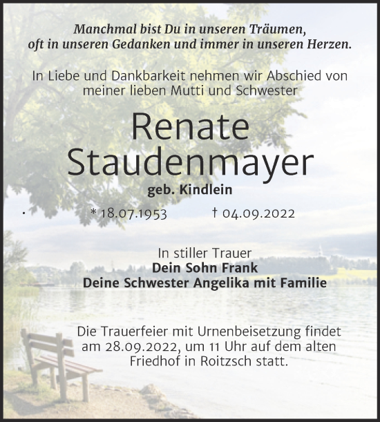 Traueranzeige von Renate Staudenmayer von Trauerkombi Bitterfeld