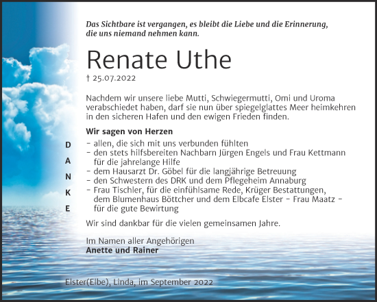 Traueranzeige von Renate Uthe von Trauerkombi Wittenberg
