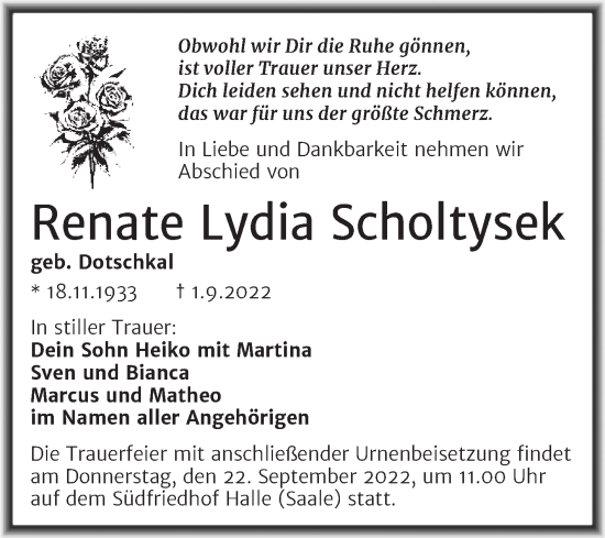 Traueranzeige von Renate Lydia Scholtysek von Mitteldeutsche Zeitung Halle/Saalkreis