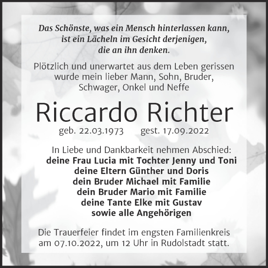 Traueranzeige von Riccardo Richter von Trauerkombi Wittenberg