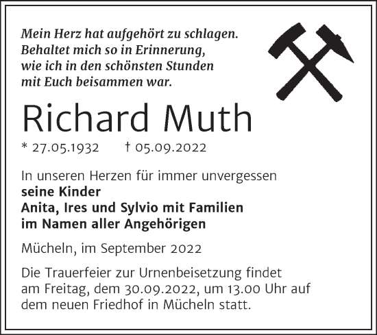 Traueranzeige von Richard Muth von Trauerkombi Merseburg