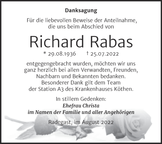 Traueranzeige von Richard Rabas von Trauerkombi Köthen