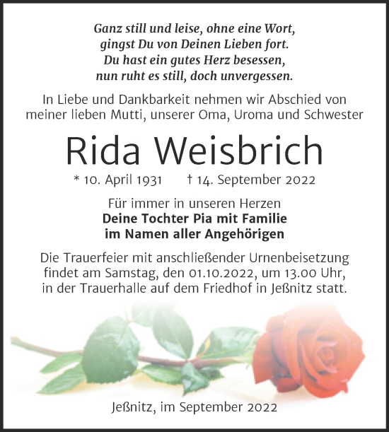Traueranzeige von Rida Weisbrich von Trauerkombi Bitterfeld