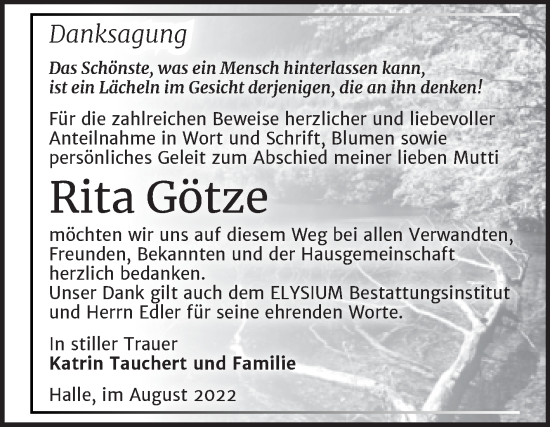 Traueranzeige von Rita Götze von Mitteldeutsche Zeitung Halle/Saalkreis