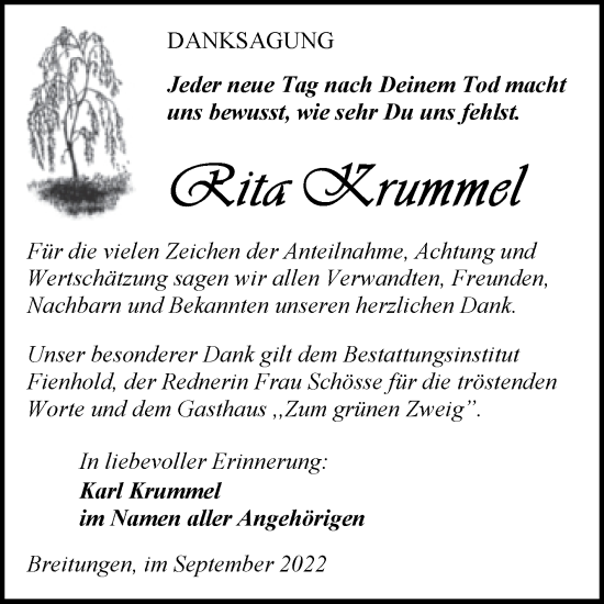 Traueranzeige von Rita Krummel von Trauerkombi Sangerhausen