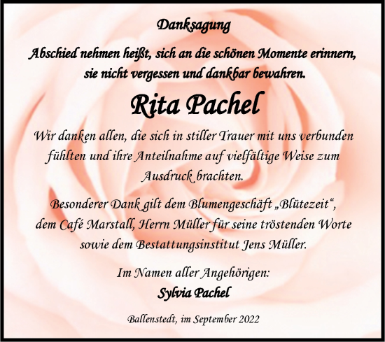 Traueranzeige von Rita Pachel von Trauerkombi Quedlinburg
