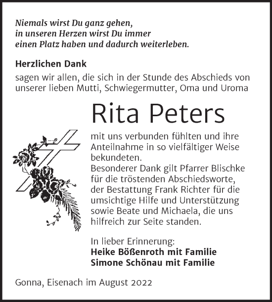 Traueranzeige von Rita Peters von Trauerkombi Sangerhausen