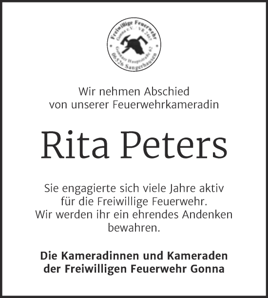 Traueranzeige von Rita Peters von Mitteldeutsche Zeitung Sangerhausen