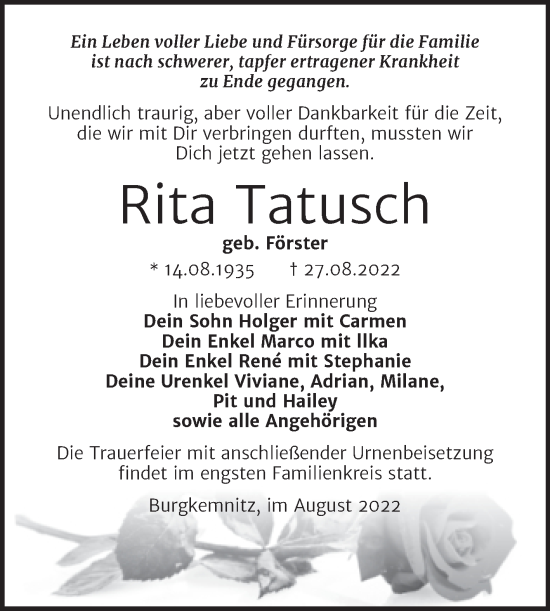 Traueranzeige von Rita Tatusch von Trauerkombi Bitterfeld