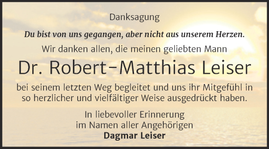 Traueranzeige von Robert-Matthias Leiser von Trauerkombi Aschersleben