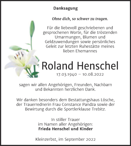 Traueranzeige von Roland Henschel von Trauerkombi Wittenberg