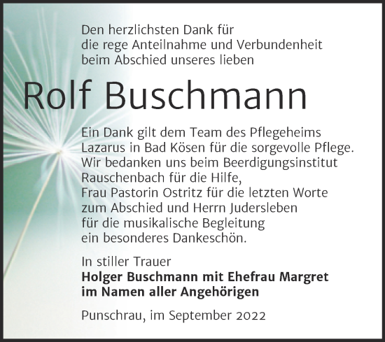 Traueranzeige von Rolf Buschmann von Naumburger Tageblatt