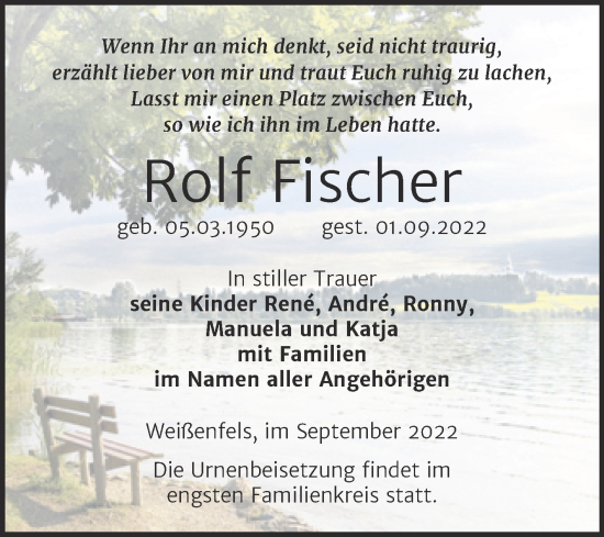 Traueranzeige von Rolf Fischer von Trauerkombi Weißenfels