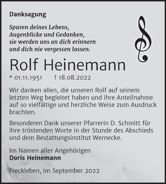 Traueranzeige von Rolf Heinemann von Trauerkombi Aschersleben