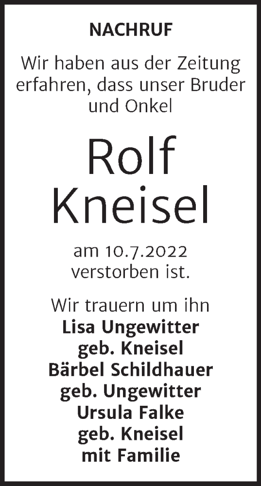 Traueranzeige von Rolf Kneisel von Trauerkombi Mansfelder Land
