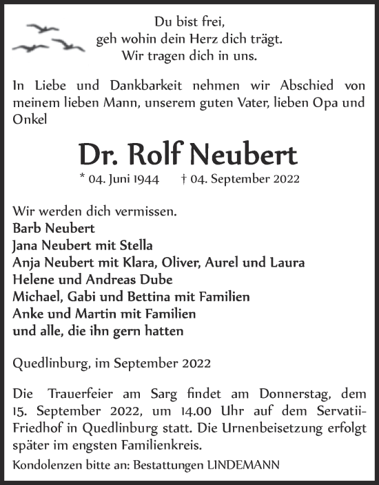 Traueranzeige von Rolf Neubert von Trauerkombi Quedlinburg