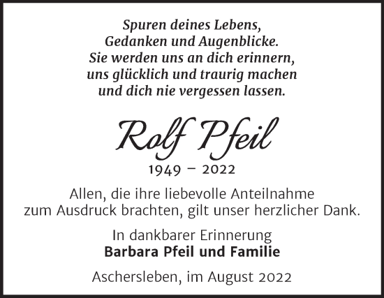 Traueranzeige von Rolf Pfeil von Trauerkombi Aschersleben