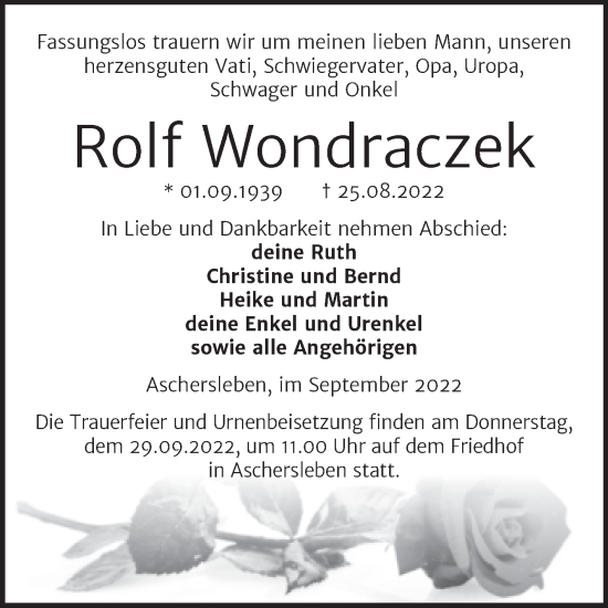 Traueranzeige von Rolf Wondraczek von Trauerkombi Aschersleben