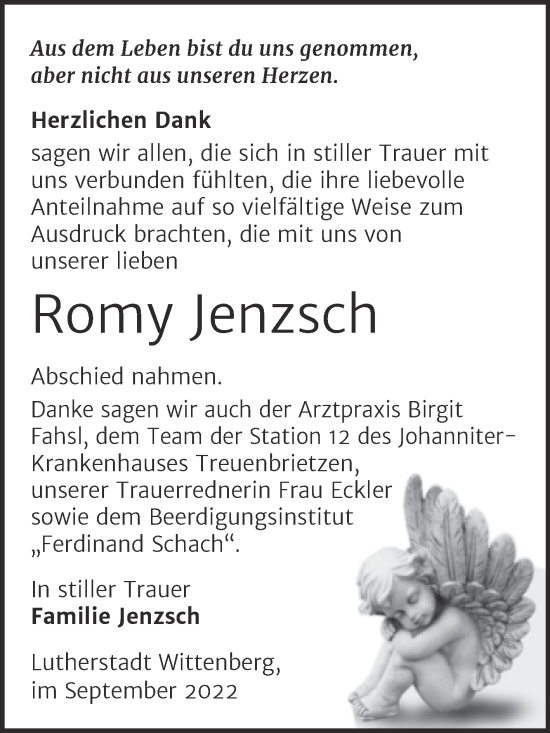 Traueranzeige von Romy Jenzsch von Trauerkombi Wittenberg