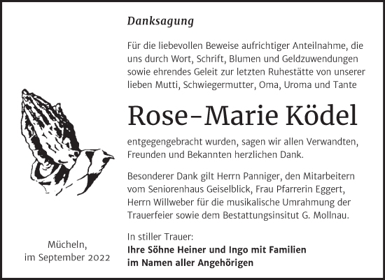 Traueranzeige von Rose-Marie Ködel von Trauerkombi Merseburg