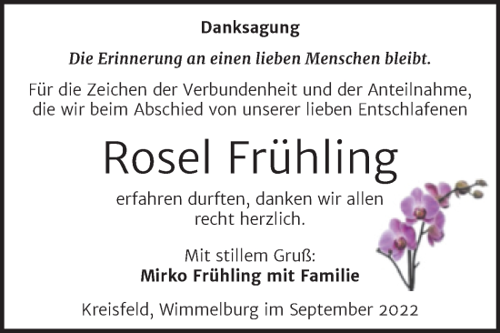 Traueranzeige von Rosel Frühling von Trauerkombi Mansfelder Land