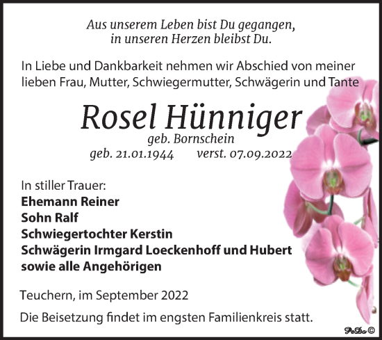 Traueranzeige von Rosel Hünniger von Trauerkombi Weißenfels