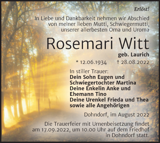 Traueranzeige von Rosemari Witt von Trauerkombi Köthen