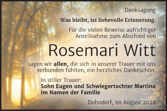 Traueranzeige von Rosemari Witt von Trauerkombi Köthen