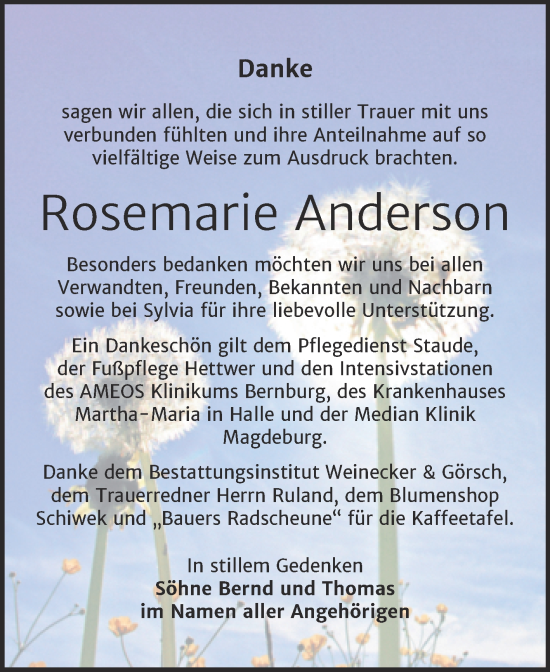 Traueranzeige von Rosemarie Anderson von Trauerkombi Bernburg