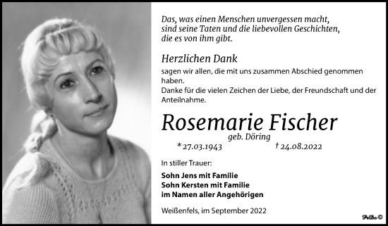 Traueranzeige von Rosemarie Fischer von Trauerkombi Weißenfels