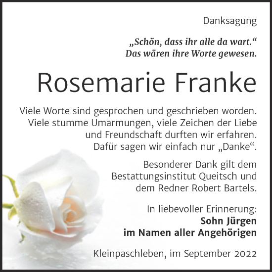 Traueranzeige von Rosemarie Franke von Trauerkombi Köthen