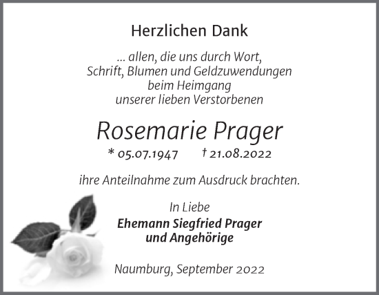 Traueranzeige von Rosemarie Prager von Wochenspiegel Naumburg/Nebra