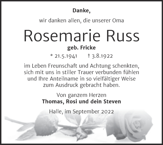 Traueranzeige von Rosemarie Russ von Mitteldeutsche Zeitung Halle/Saalkreis