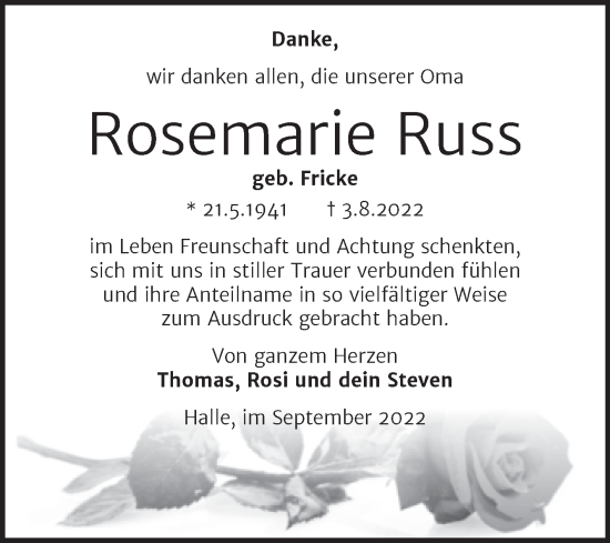 Traueranzeige von Rosemarie Russ von Mitteldeutsche Zeitung Halle/Saalkreis