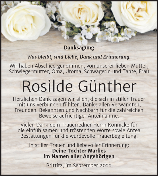 Traueranzeige von Rosilde Günther von Trauerkombi Weißenfels