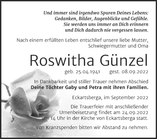 Traueranzeige von Roswitha Günzel von Wochenspiegel Naumburg/Nebra