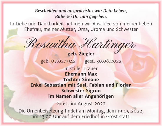 Traueranzeige von Roswitha Hartinger von Trauerkombi Merseburg