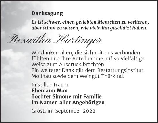 Traueranzeige von Roswitha Hartinger von Trauerkombi Merseburg