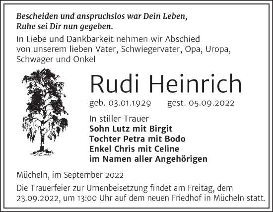 Traueranzeige von Rudi Heinrich von Trauerkombi Merseburg