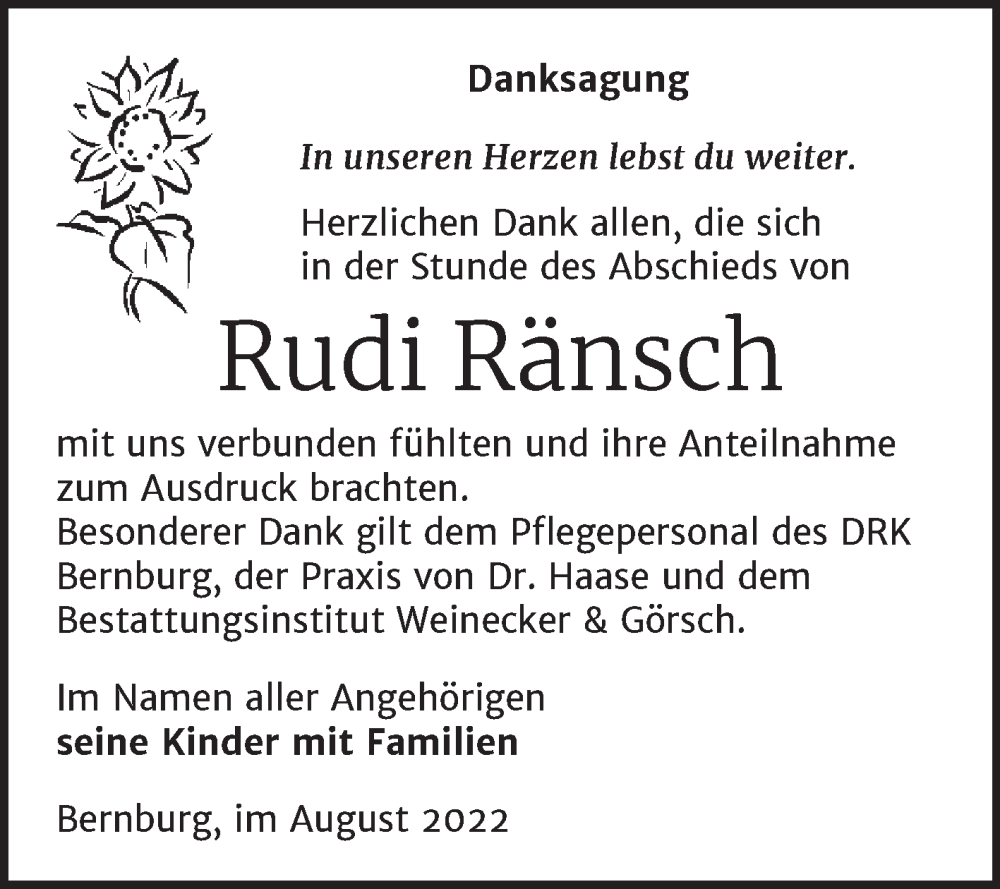  Traueranzeige für Rudi Ränsch vom 03.09.2022 aus Trauerkombi Bernburg