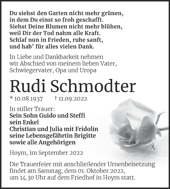 Traueranzeige von Rudi Schmodter von Trauerkombi Aschersleben