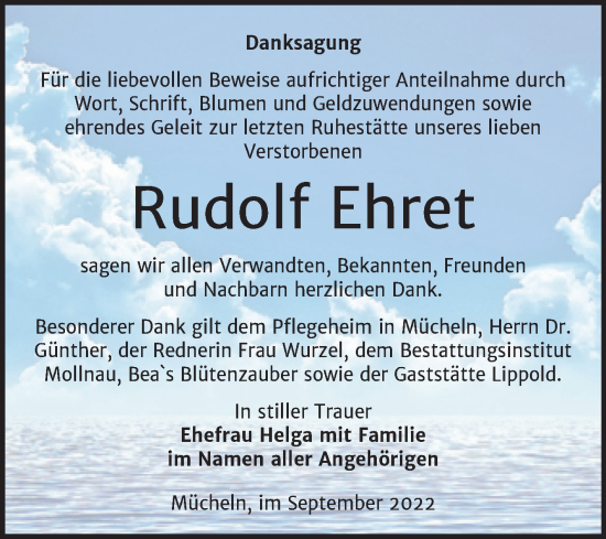 Traueranzeige von Rudolf Ehret von Trauerkombi Merseburg