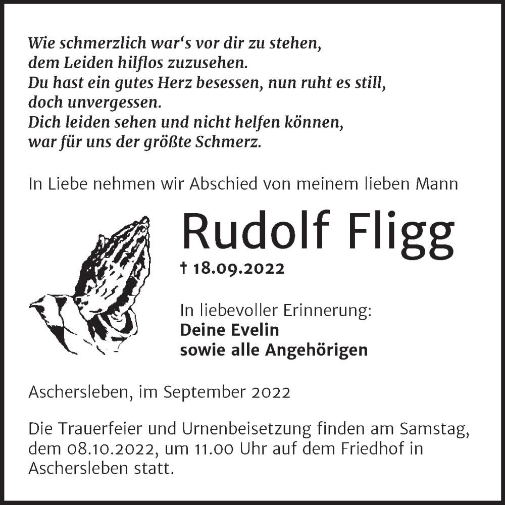  Traueranzeige für Rudolf Fligg vom 24.09.2022 aus Trauerkombi Aschersleben