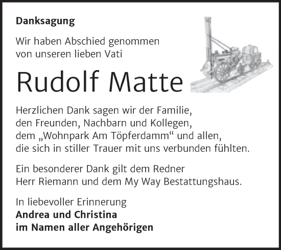 Traueranzeige von Rudolf Matte von Trauerkombi Weißenfels