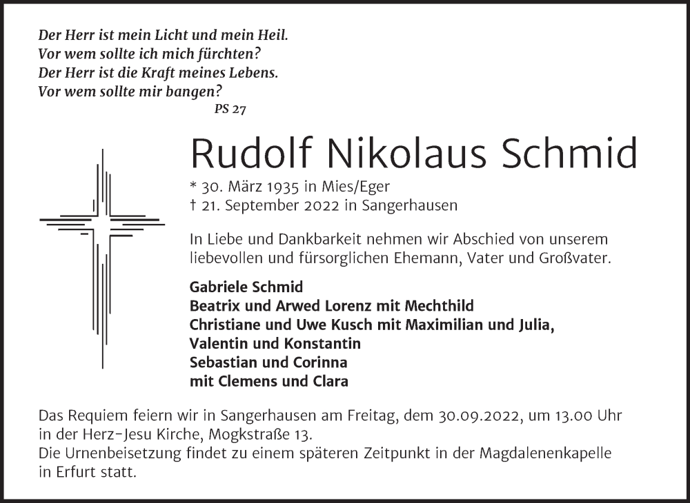  Traueranzeige für Rudolf Nikolaus Schmid vom 24.09.2022 aus Trauerkombi Sangerhausen
