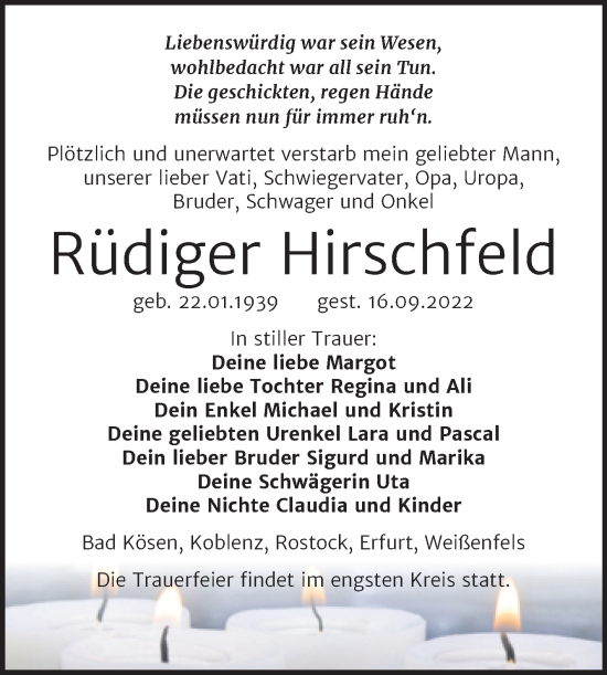 Traueranzeige von Rüdiger Hirschfeld von Naumburger Tageblatt